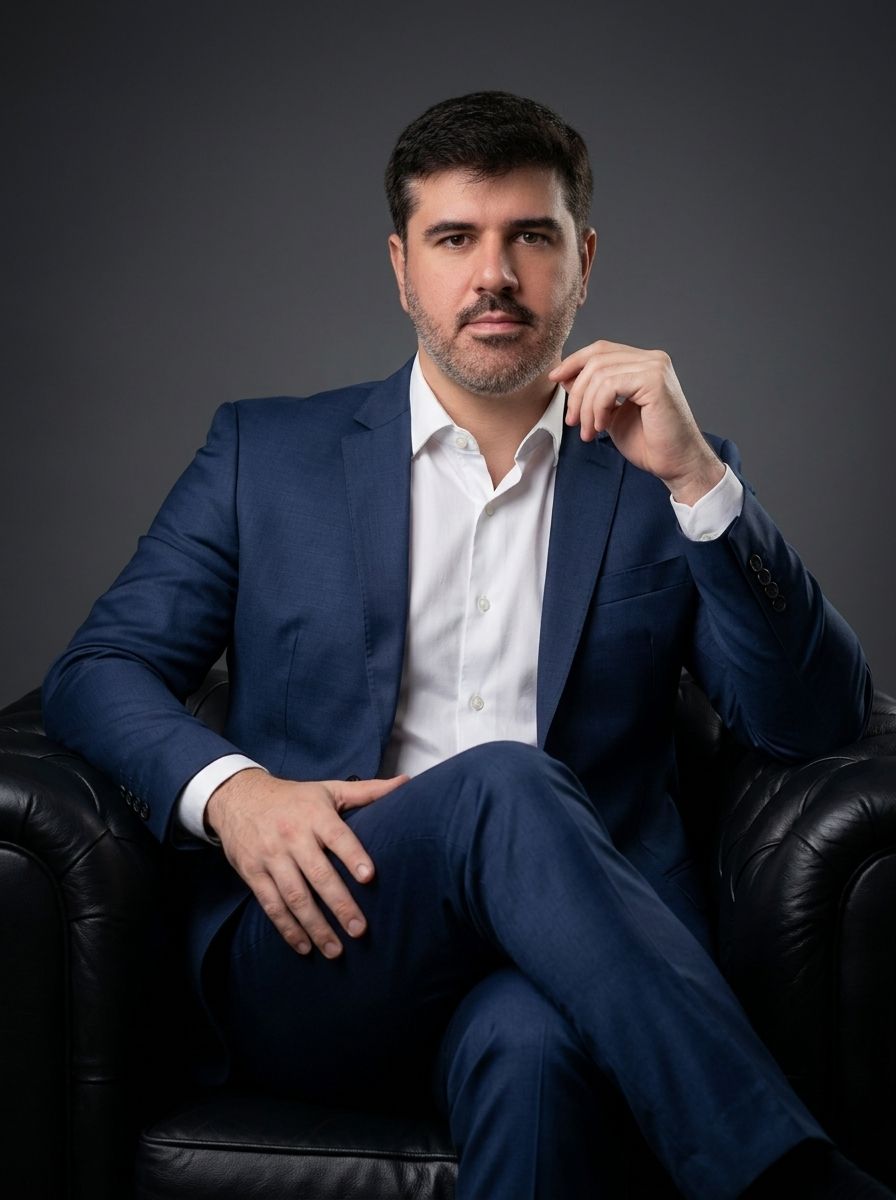 Rubens Lopes, advogado trabalhista para empresas, sentado em poltrona de couro